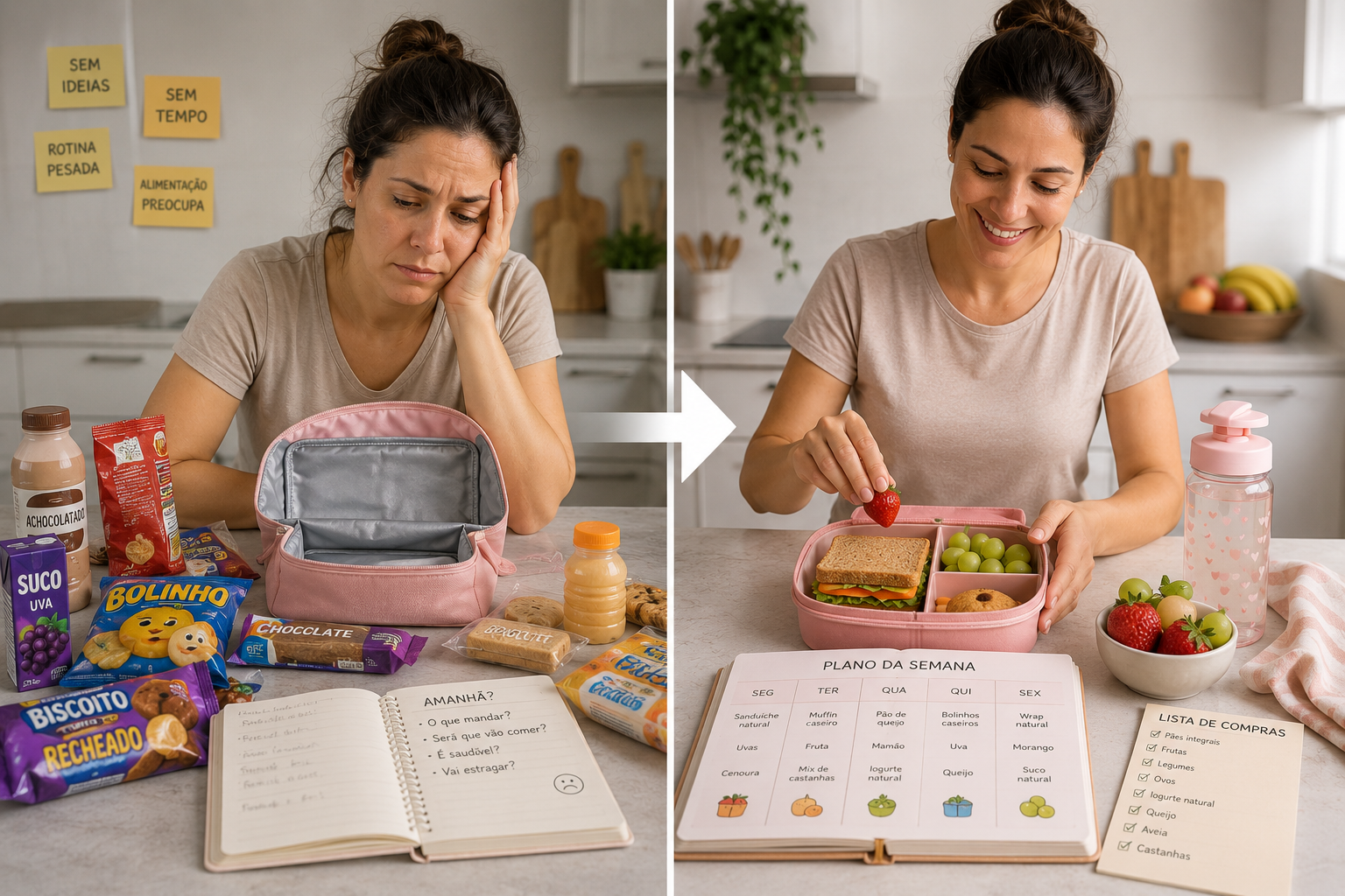 Comparação: antes, mãe cansada com lanches industrializados; depois, lancheira caseira com plano da semana