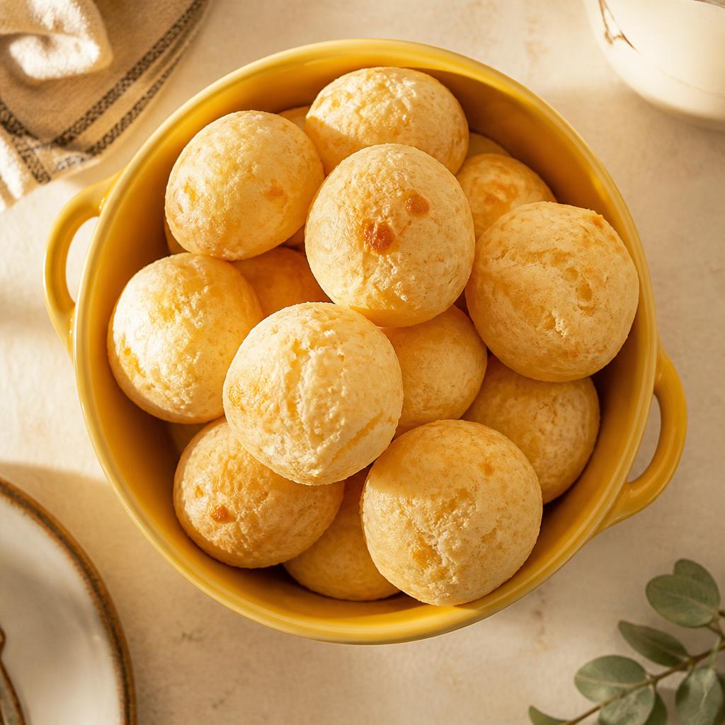 Pão de queijo caseiro em uma tigela amarela, pronto para congelar