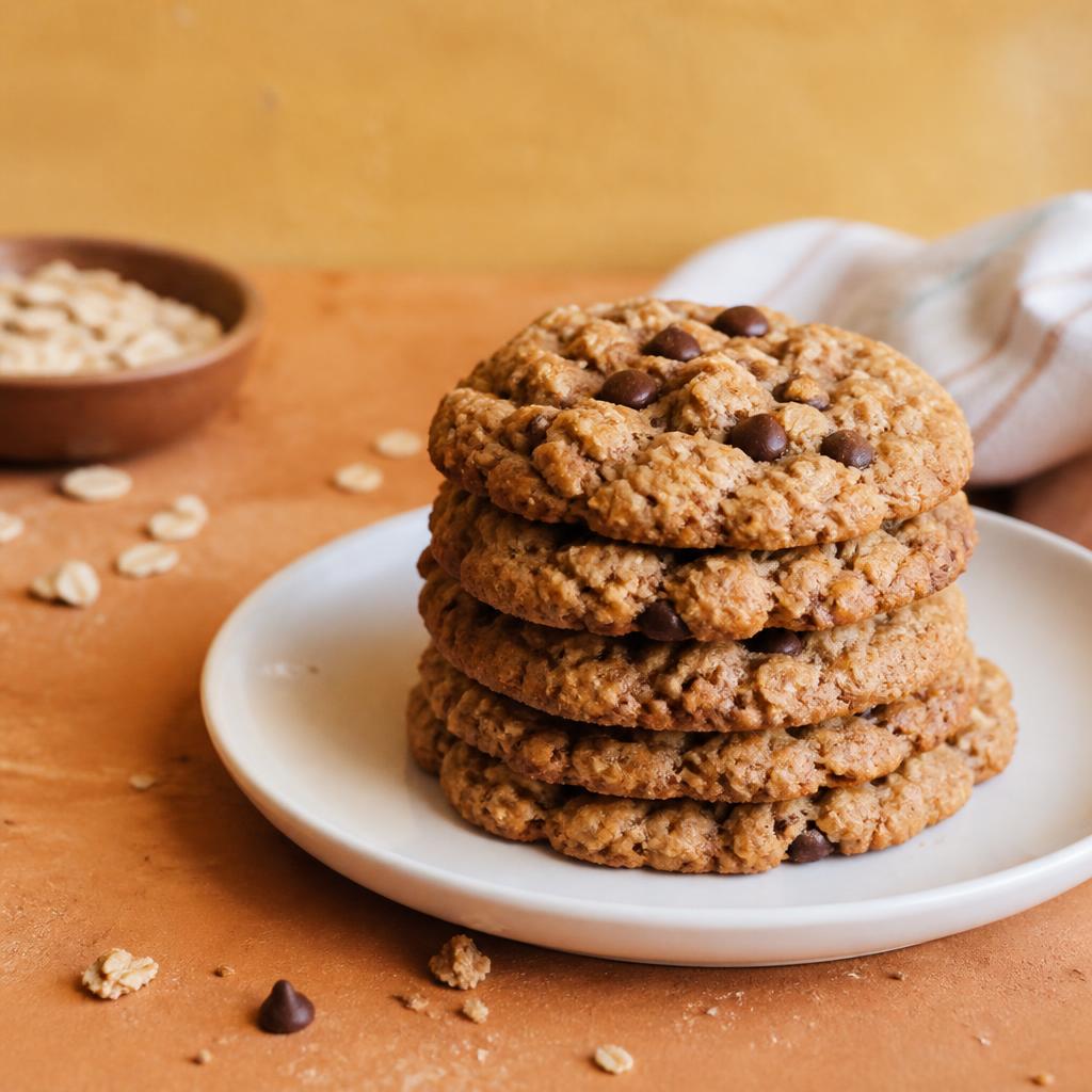 Cookies de aveia com gotas de chocolate empilhados em um prato branco