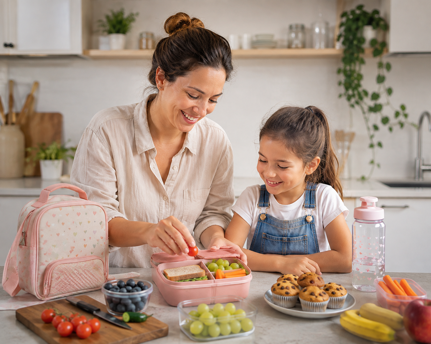 Mãe e filha montando juntas a lancheira com sanduíche, uvas, cenoura e muffins