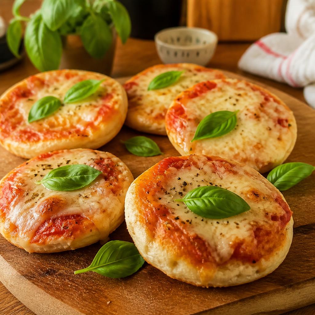 Mini pizzas caseiras com queijo e manjericão em uma tábua de madeira