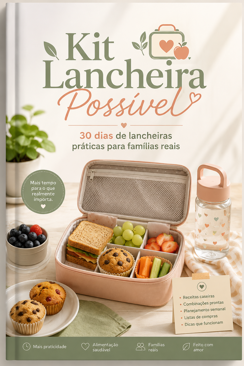 Capa do e-book Kit Lancheira Possível com lancheira montada, muffins e garrafinha
